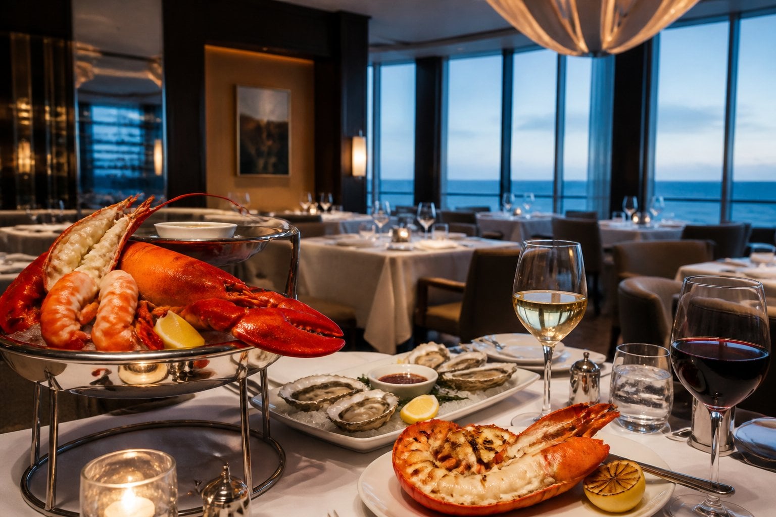 An elegant seafood restaurant interior with neatly set tables, fresh seafood dishes, and an ocean view through large windows.