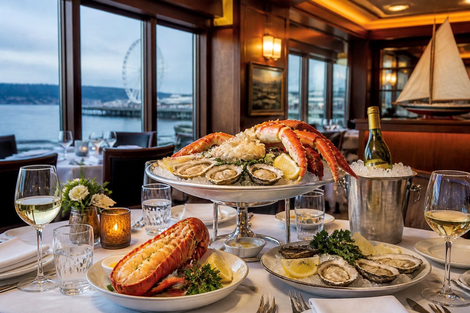 A dining table at an upscale seafood restaurant with fresh seafood dishes and a view of the waterfront through large windows.