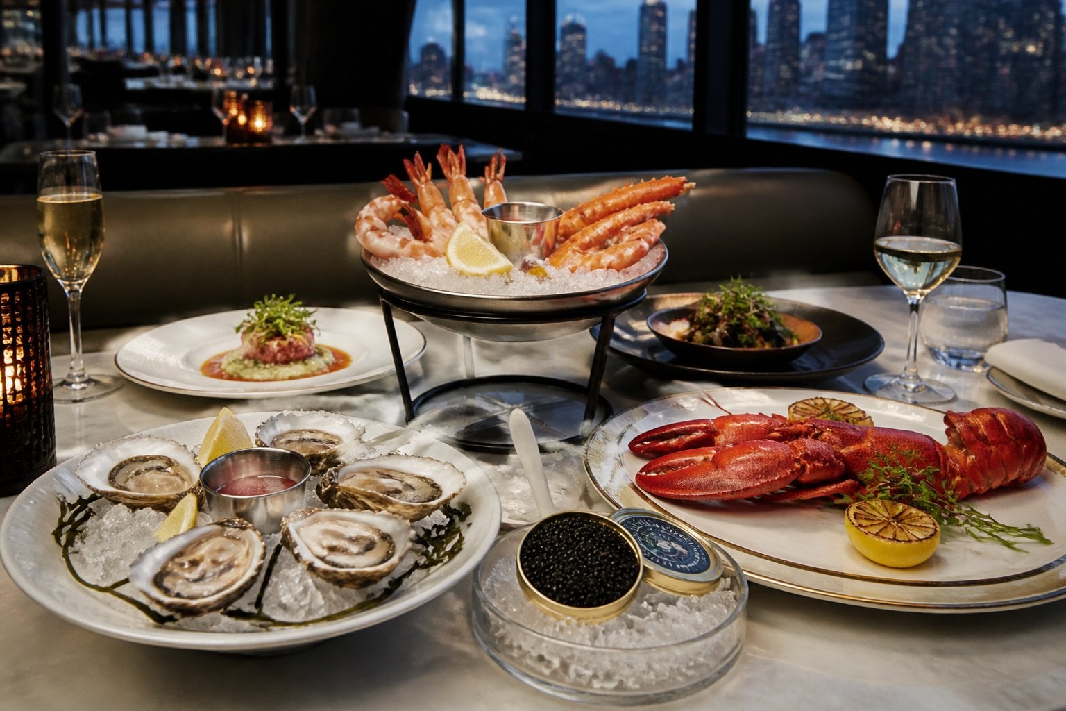 A table set with various plated seafood dishes in an upscale restaurant with modern decor and city views.