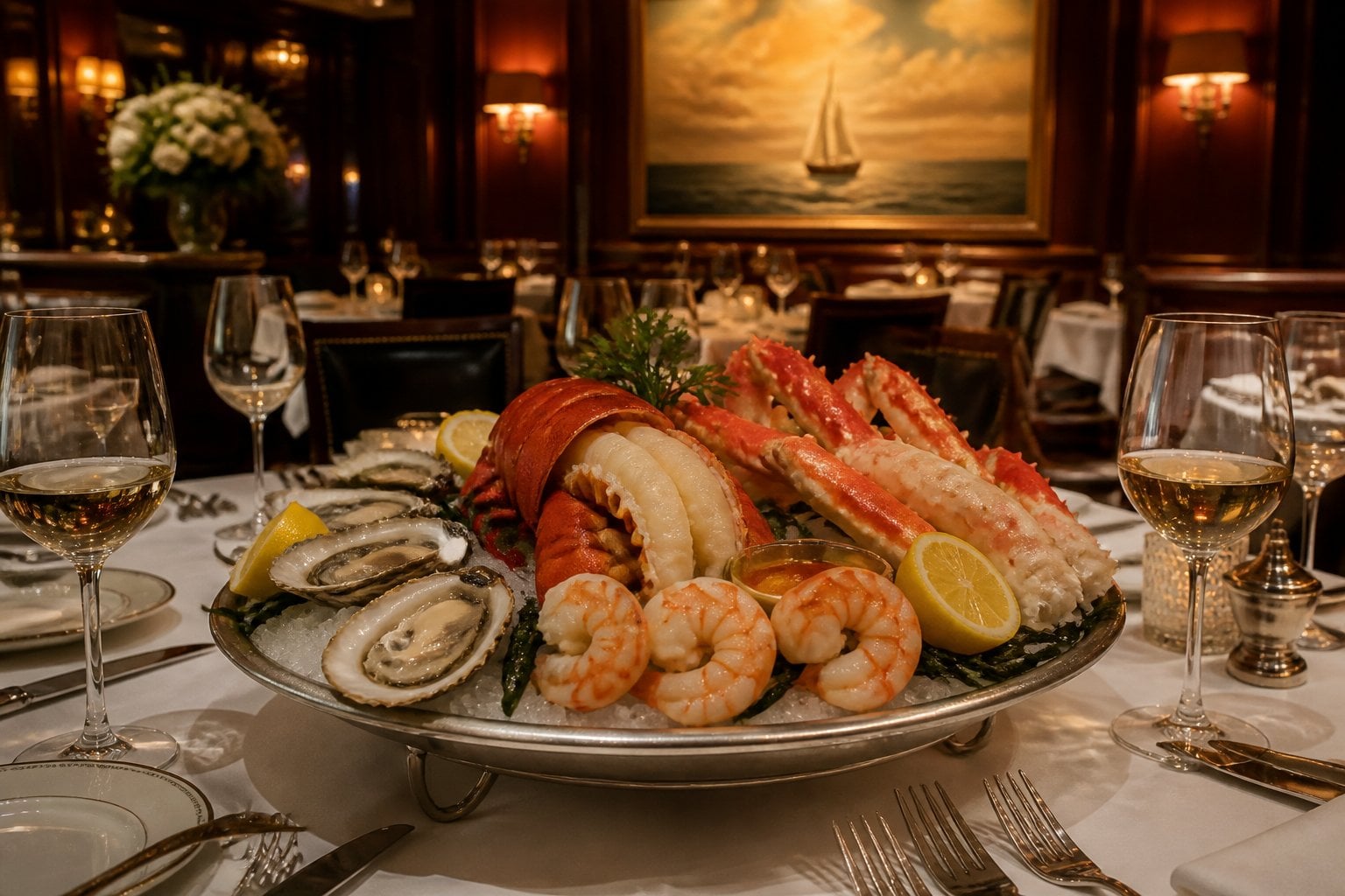 A luxurious seafood platter with lobster, shrimp, oysters, and crab legs on a table set for fine dining in an elegant restaurant interior.