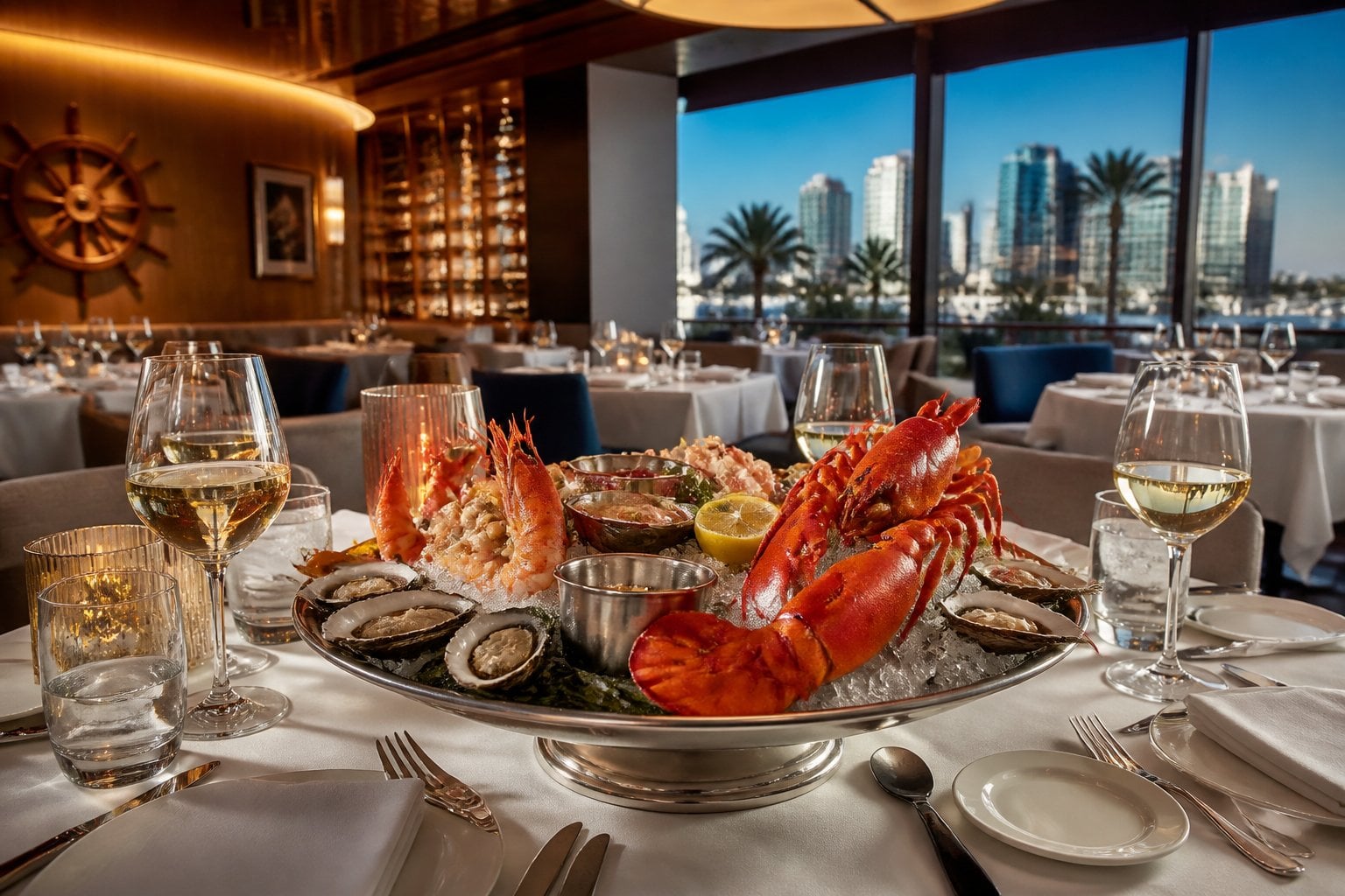 A beautifully set dining table with fresh seafood dishes in an elegant restaurant interior.