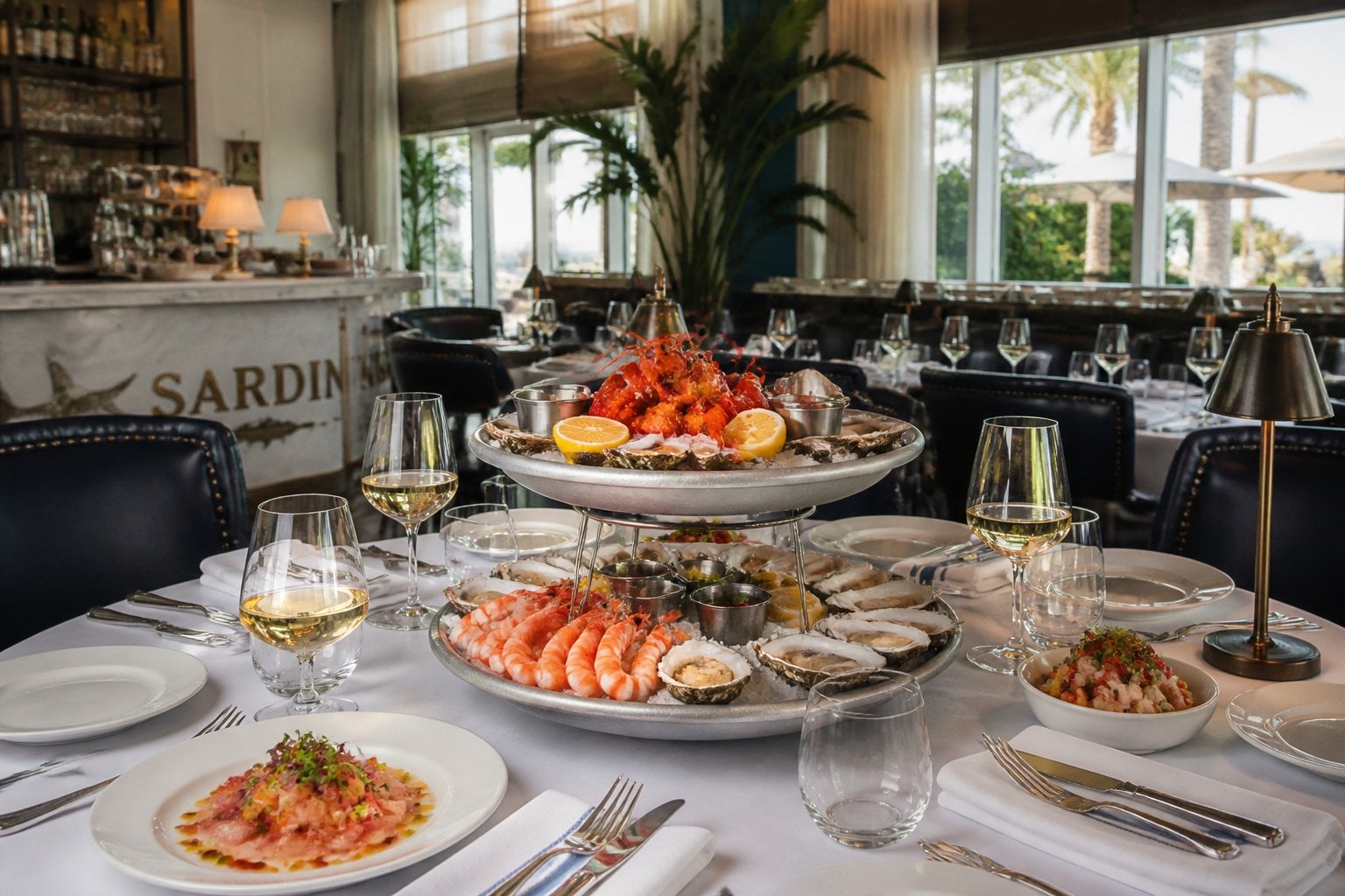 A seafood restaurant table with fresh seafood dishes and elegant dining setup in a stylish interior with large windows showing Miami Beach.