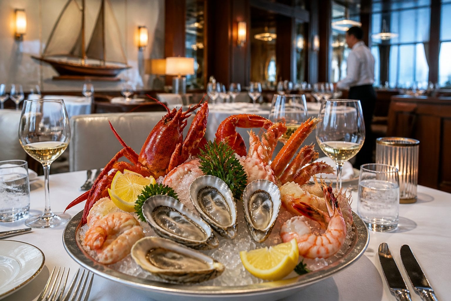 A table in an upscale seafood restaurant with a platter of fresh lobster, oysters, shrimp, and crab legs, set in an elegant dining room.