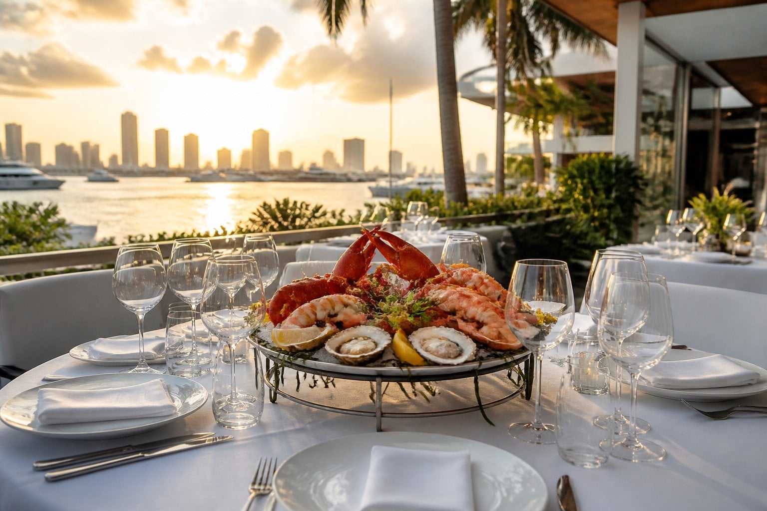 Outdoor seafood dining table with a luxurious seafood platter by the water, overlooking the Miami skyline at sunset.