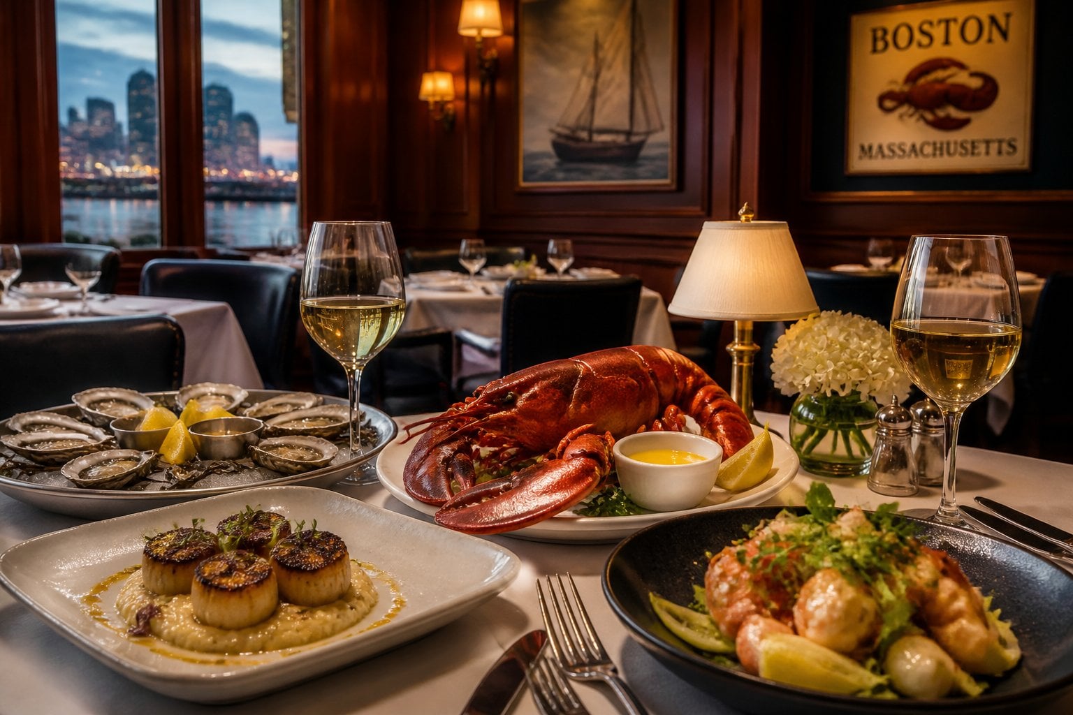 A table set with various high-end seafood dishes in an elegant restaurant interior with warm lighting and nautical decor.