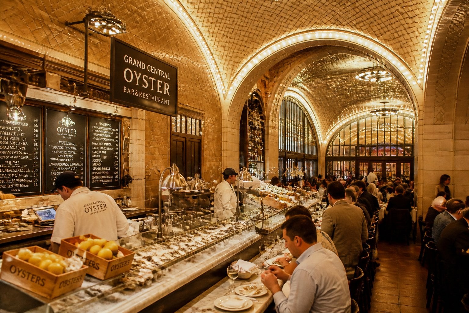 Interior view of a busy seafood restaurant with arched tiled ceilings, an oyster bar, and customers dining.
