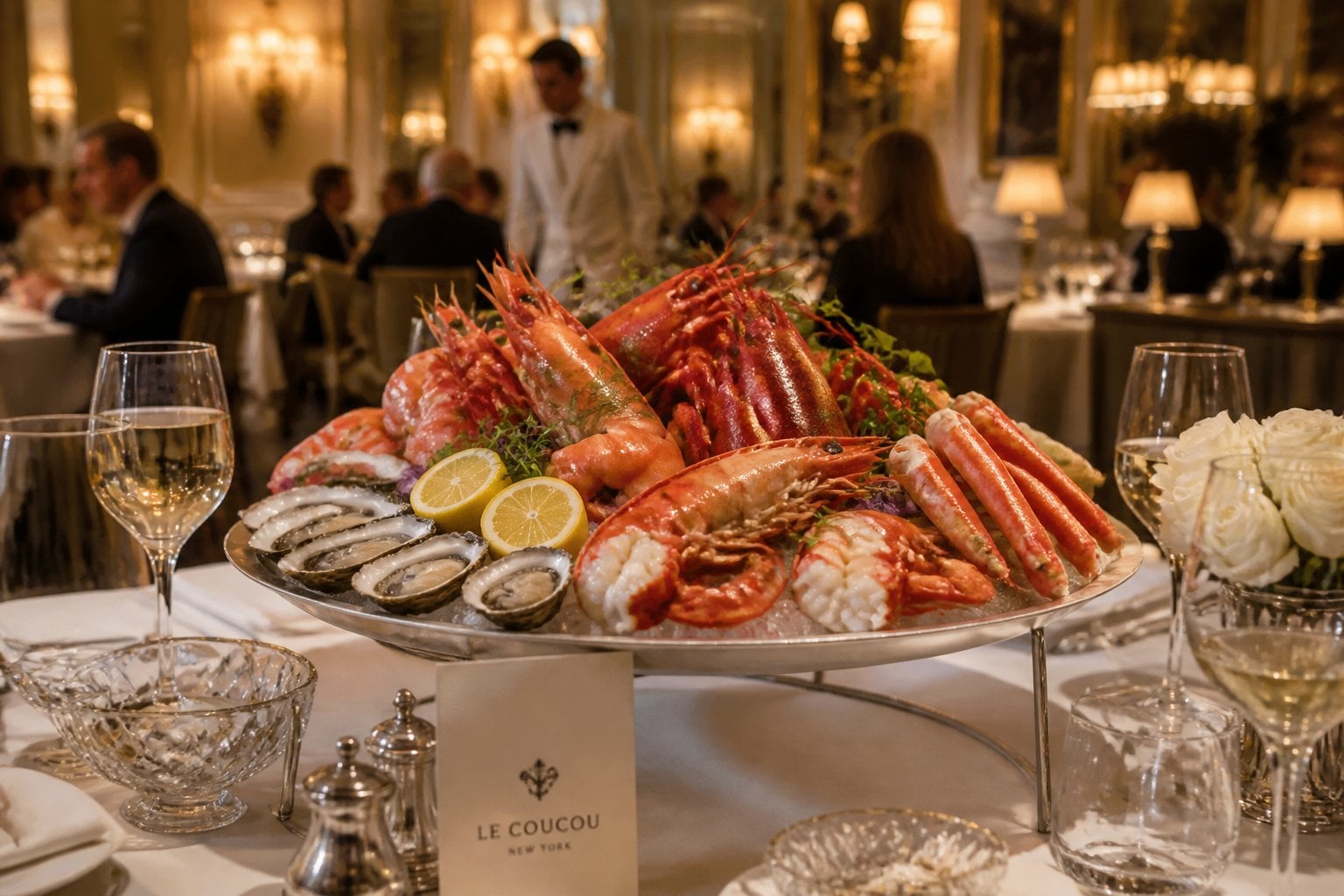 A table set with an elegant seafood platter featuring lobster, oysters, shrimp, and crab legs in a refined restaurant setting.