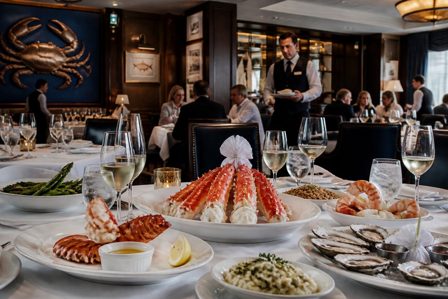 An elegant seafood restaurant dining area with tables set for guests and fresh seafood dishes served.