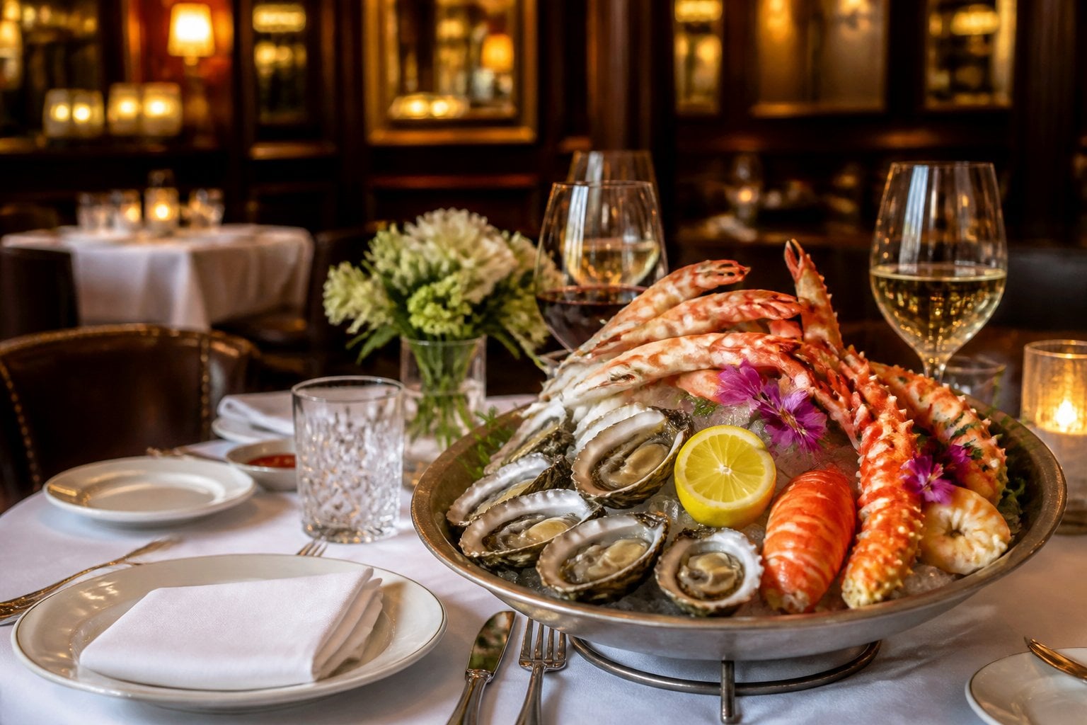 A beautifully arranged seafood platter on a fine dining table inside an elegant restaurant.