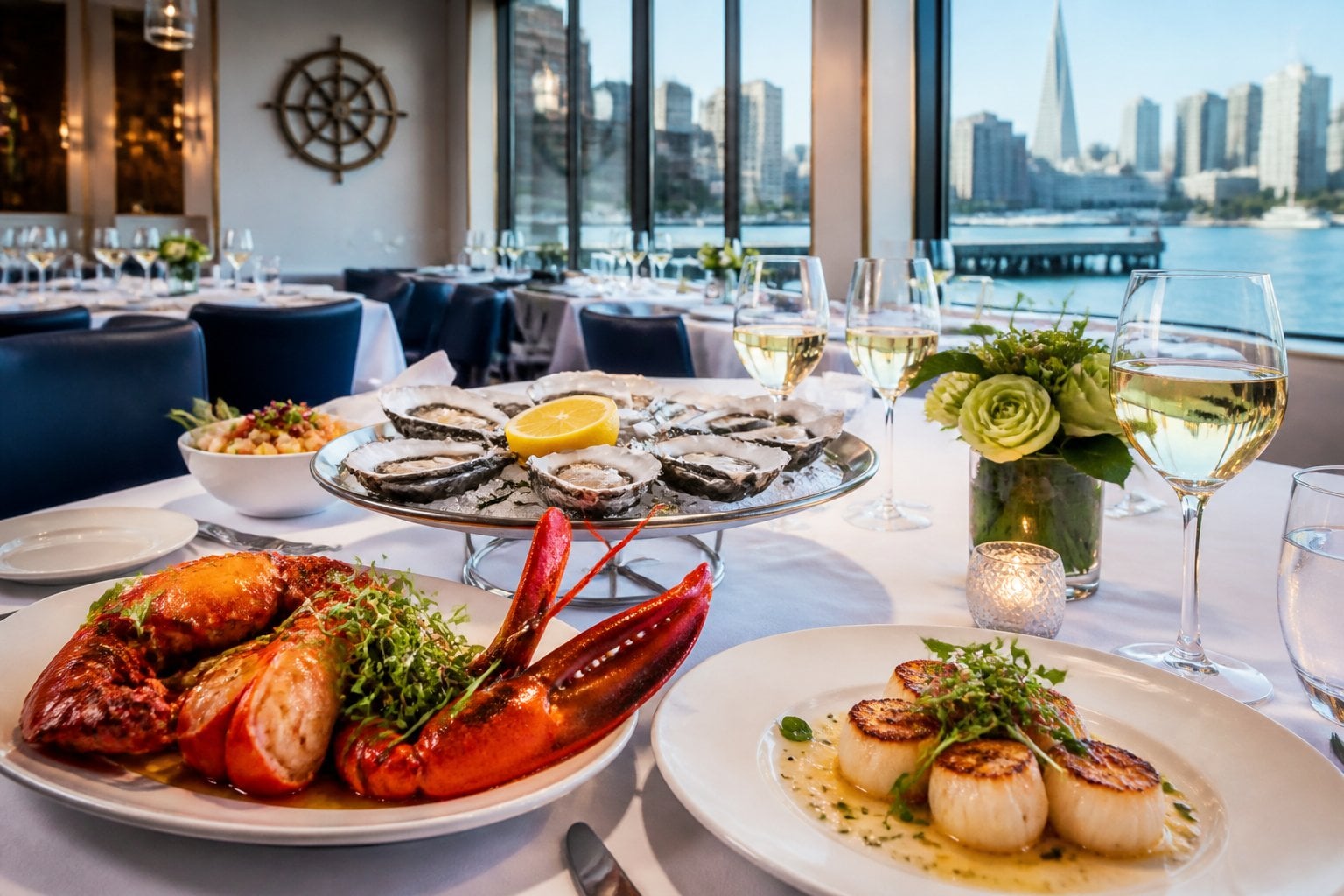 A beautifully set table with various plated seafood dishes in an upscale restaurant with large windows showing a city view.