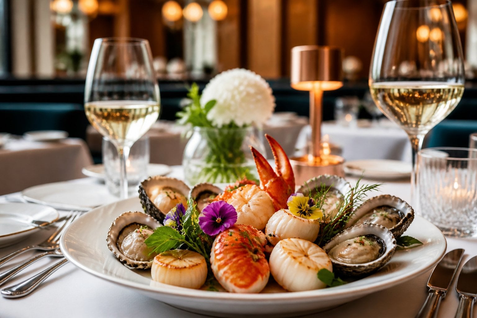 A plated seafood dish with lobster, oysters, and scallops on a white plate at a fine dining restaurant table.