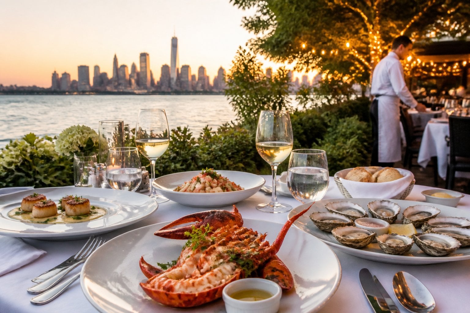 An outdoor seafood dining table set with elegant dishes and glassware, overlooking a river and city skyline at sunset.