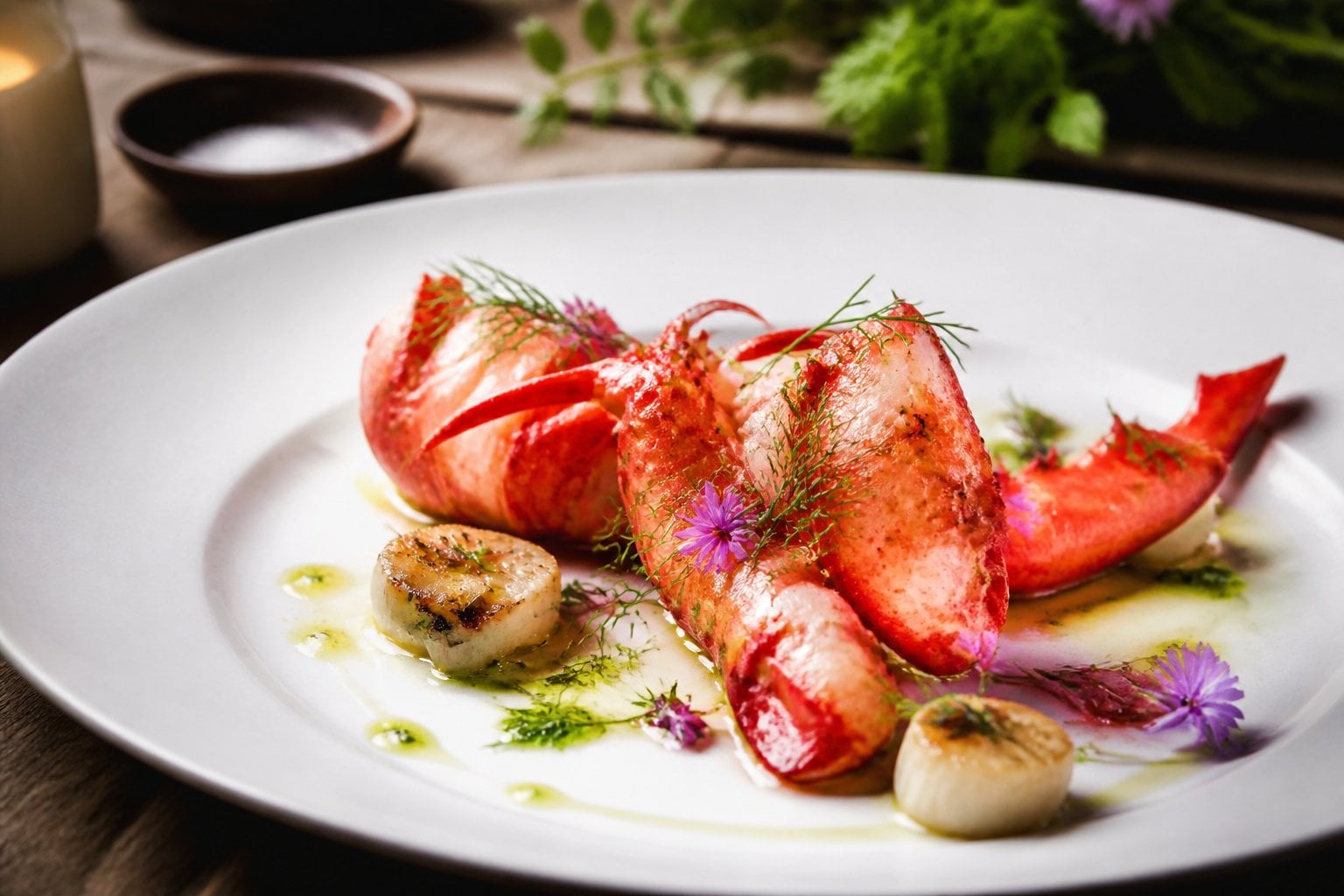 A beautifully plated gourmet seafood dish on a white plate set on a wooden table in a warm, rustic dining setting.