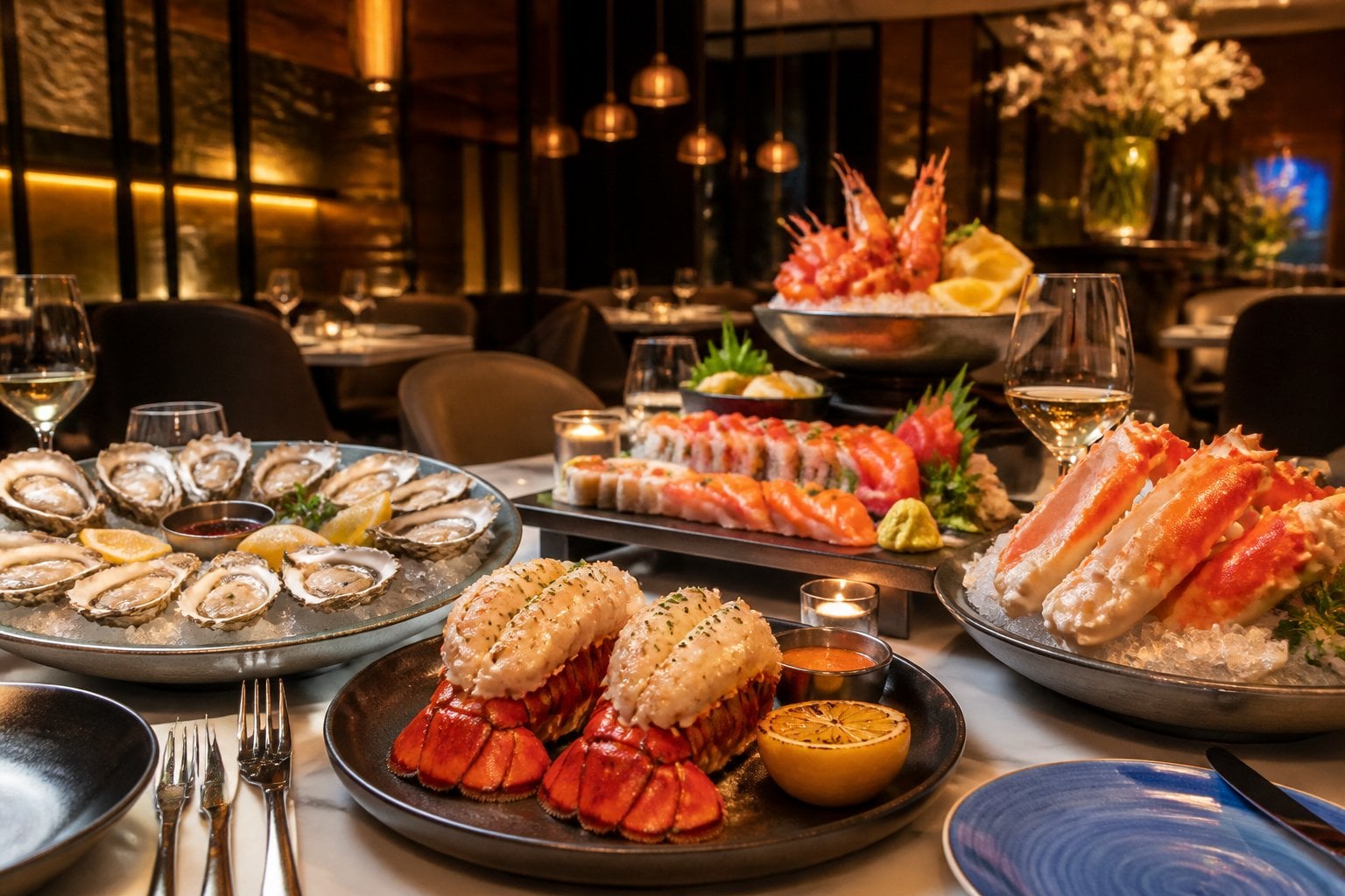 A table set with various fresh seafood dishes in an upscale restaurant interior.