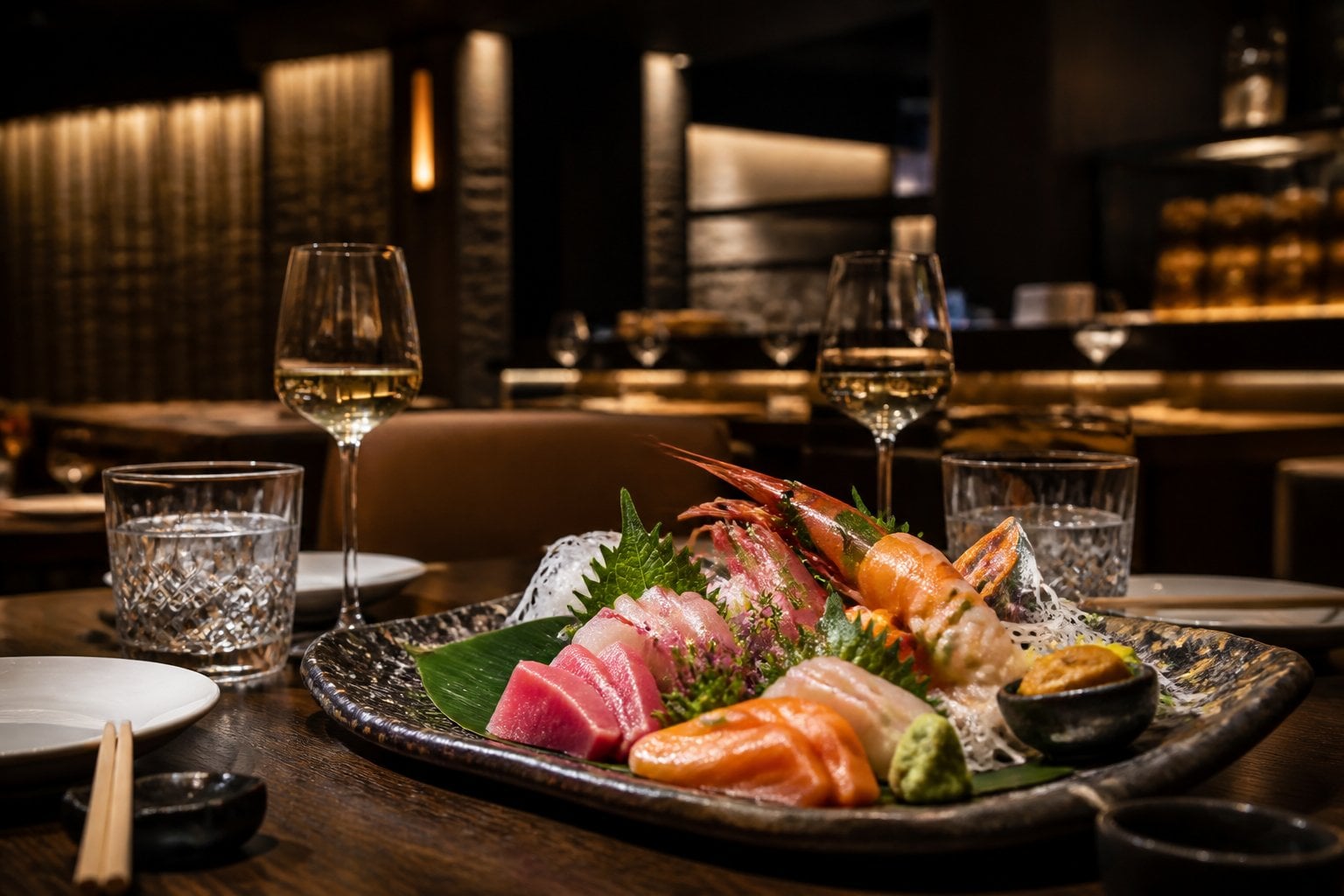 A beautifully arranged seafood dish on a table set with elegant tableware inside a stylish restaurant interior.