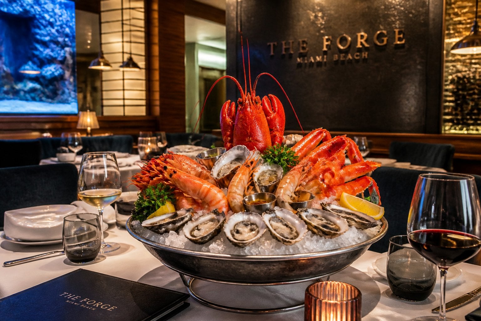 A luxurious seafood platter with lobster, oysters, shrimp, and crab on a table in an elegant restaurant interior.