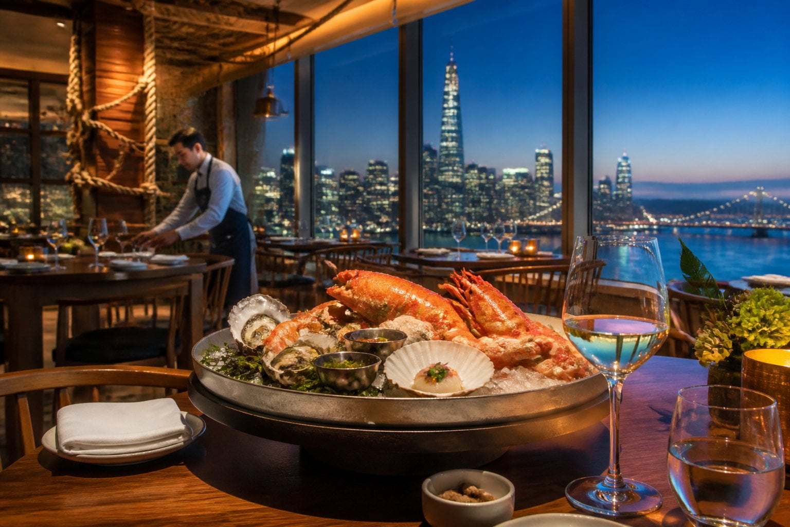 An upscale seafood restaurant interior with a table set with a plated seafood dish and a glass of white wine, large windows showing a city skyline at dusk.