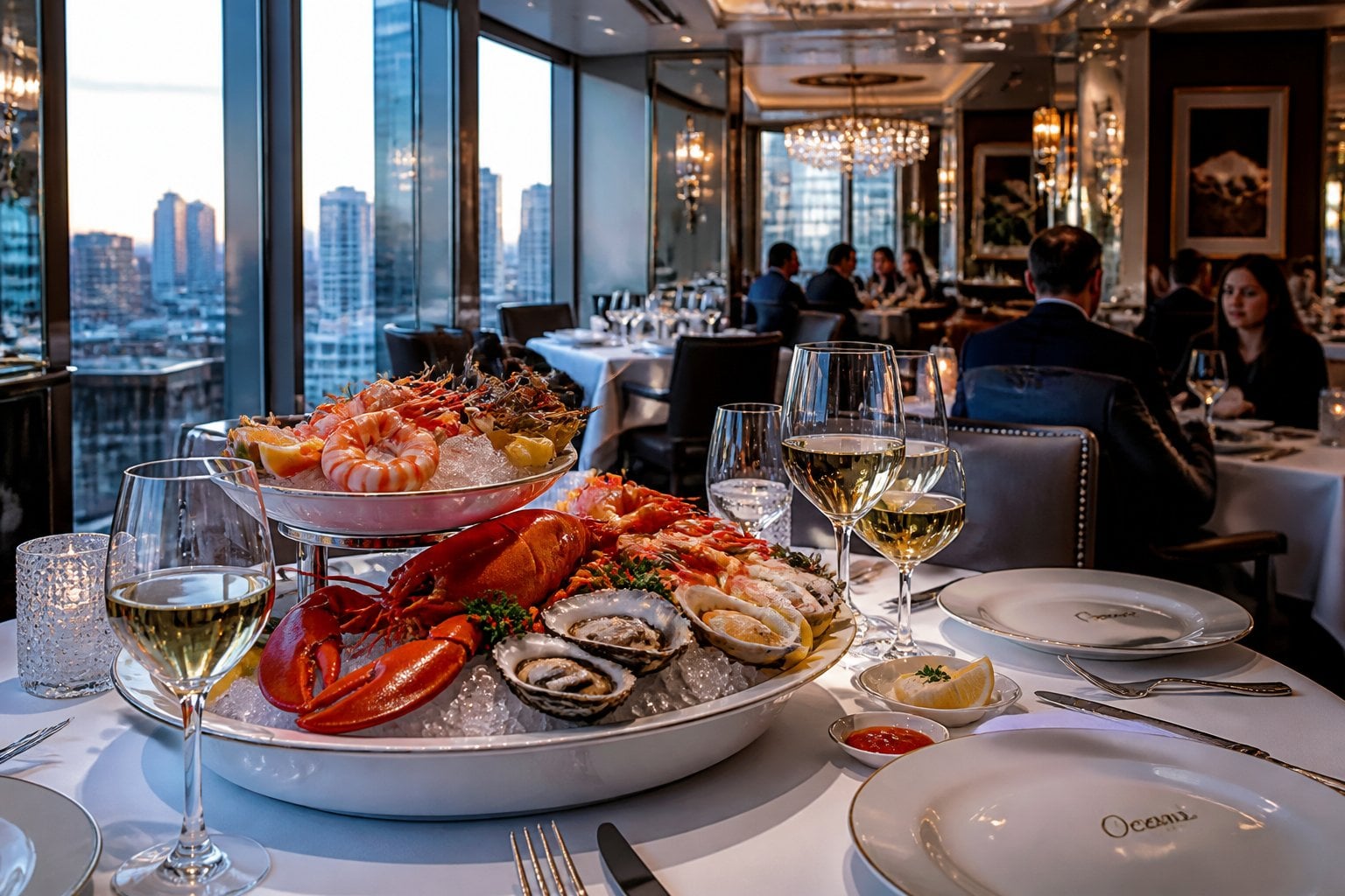 An elegant seafood restaurant dining table with fresh seafood dishes and city views through large windows.