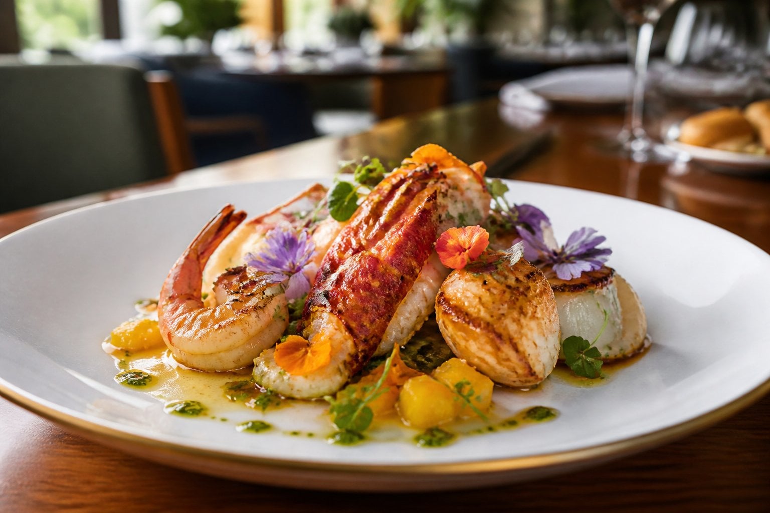 A beautifully plated gourmet seafood dish with lobster, shrimp, and scallops on a white plate, set on a wooden table in a restaurant.
