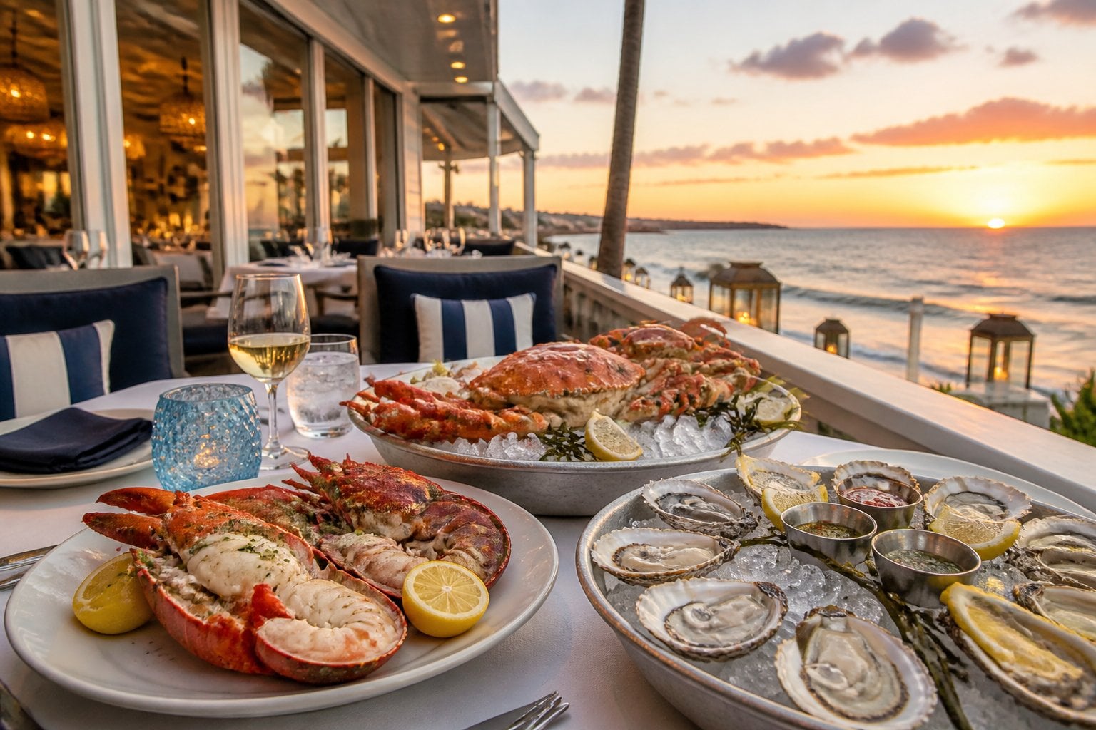Outdoor dining table with fresh seafood dishes overlooking the ocean at sunset at a seafood restaurant.