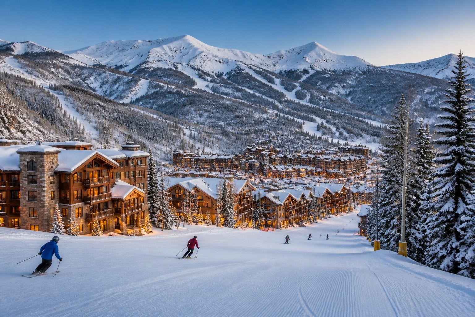 A luxurious mountain resort village in Aspen surrounded by snowy peaks and evergreen trees.