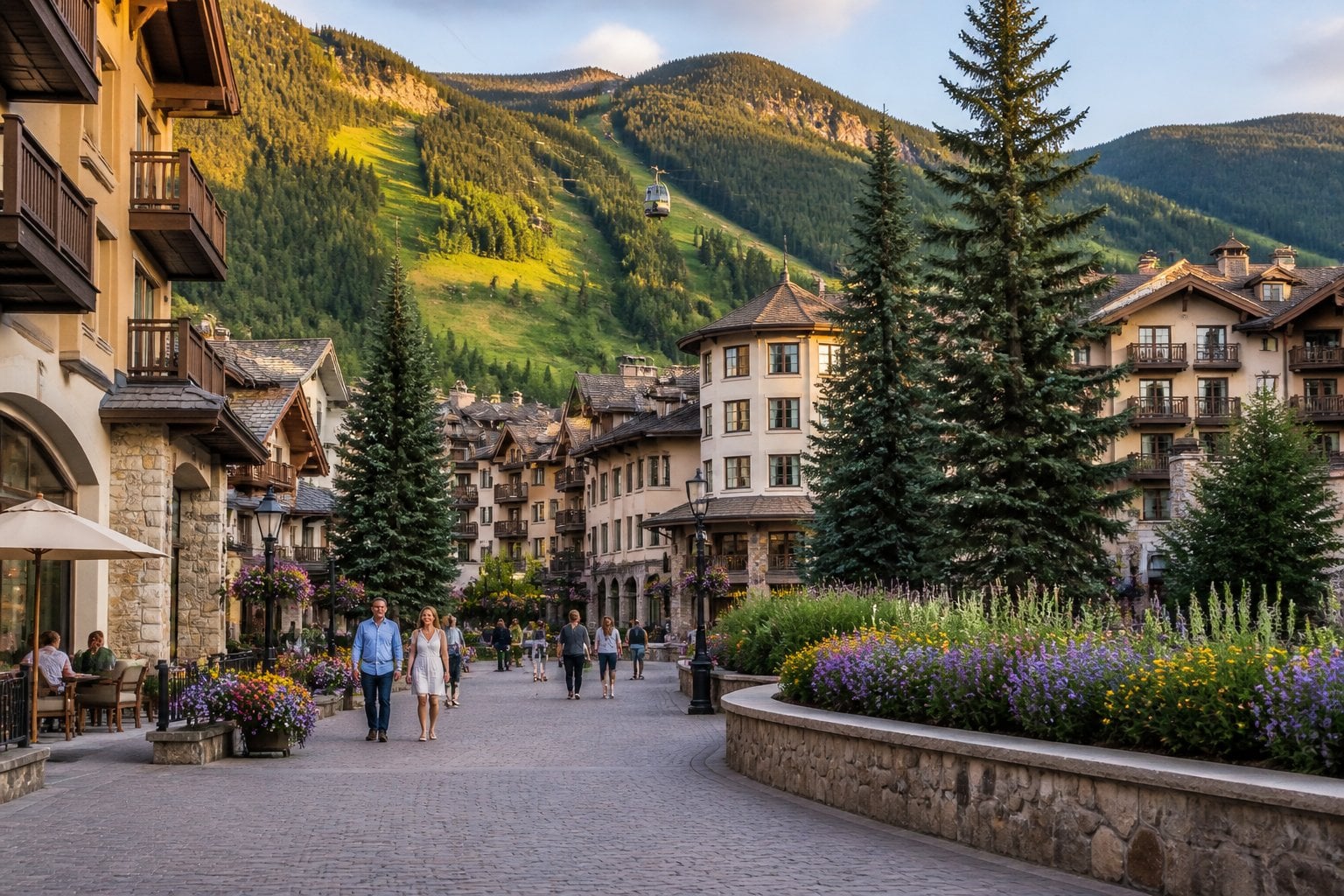 A luxury alpine village in Vail surrounded by green Rocky Mountains, with visitors walking along a landscaped pedestrian street.