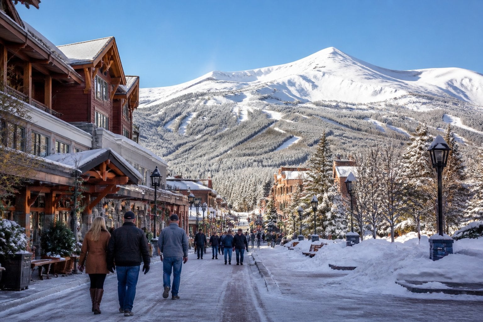 Visitors stroll through a snowy historic mountain town surrounded by the Colorado Rockies.