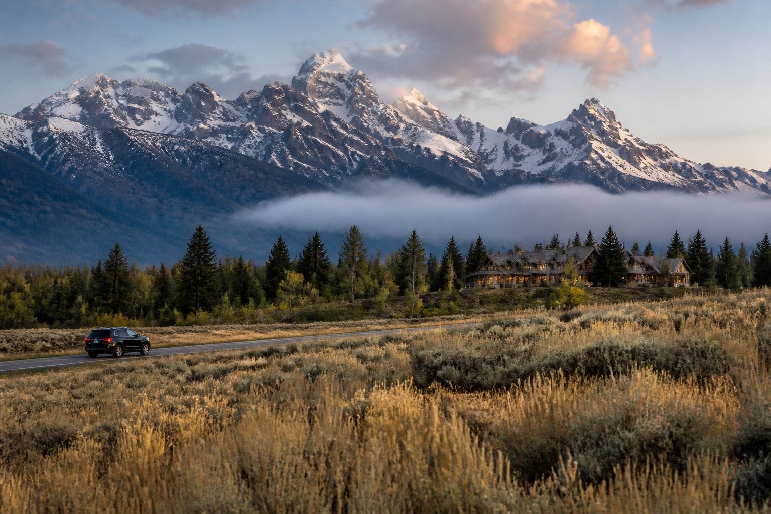 A luxury mountain lodge overlooks golden meadows and the snow-capped Teton Range in Jackson Hole, Wyoming.
