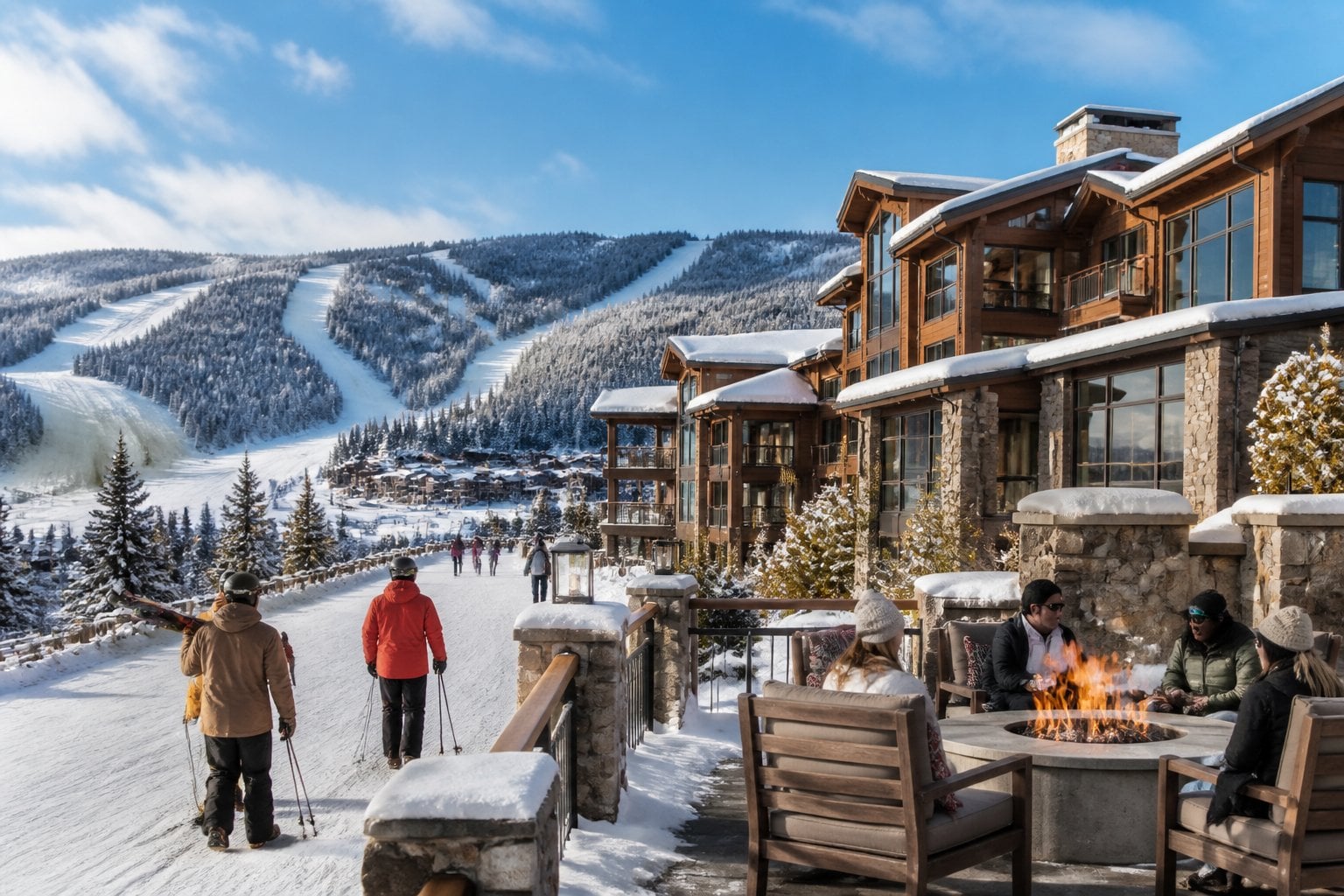 A luxurious mountain resort in Park City surrounded by snowy slopes and evergreen forests.