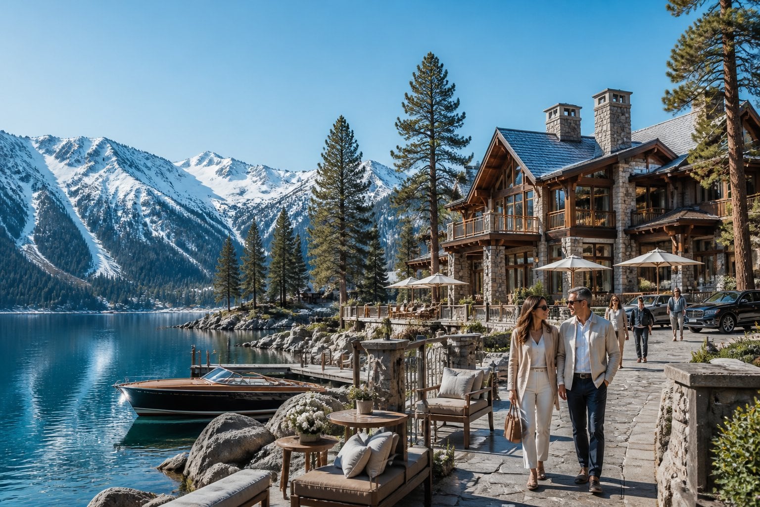 A luxurious alpine resort beside Lake Tahoe with snow-capped mountains, evergreen trees, and a private dock.