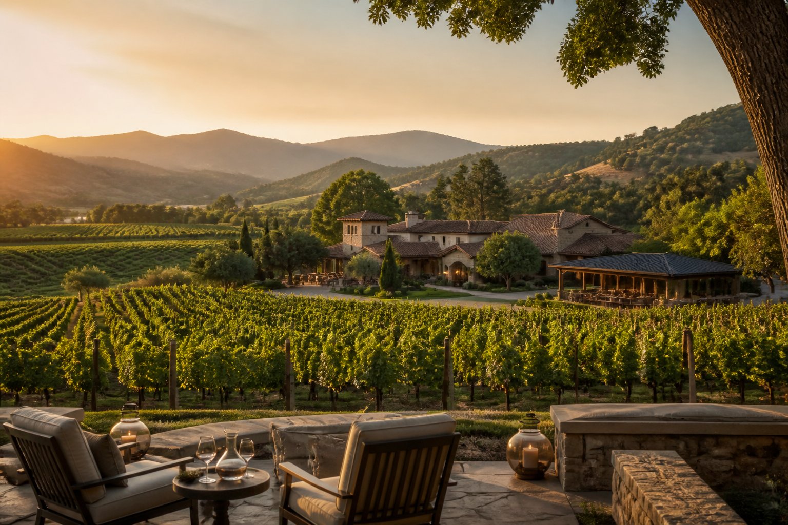 A sunlit Napa Valley vineyard with an elegant estate, rolling hills, and mountains in the background.
