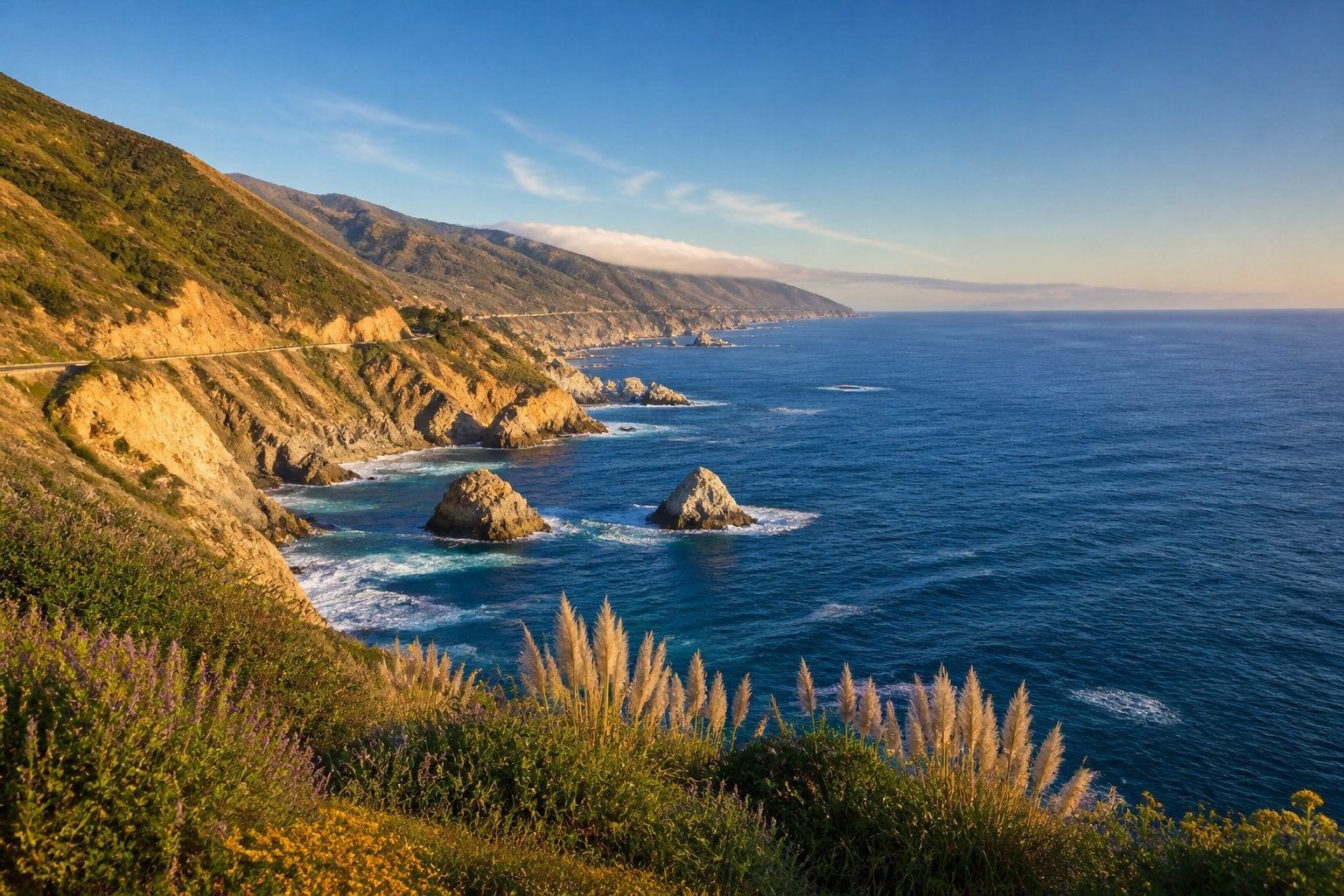 A rugged Big Sur coastline with golden cliffs, blue ocean, rocky sea stacks, and a winding coastal highway.