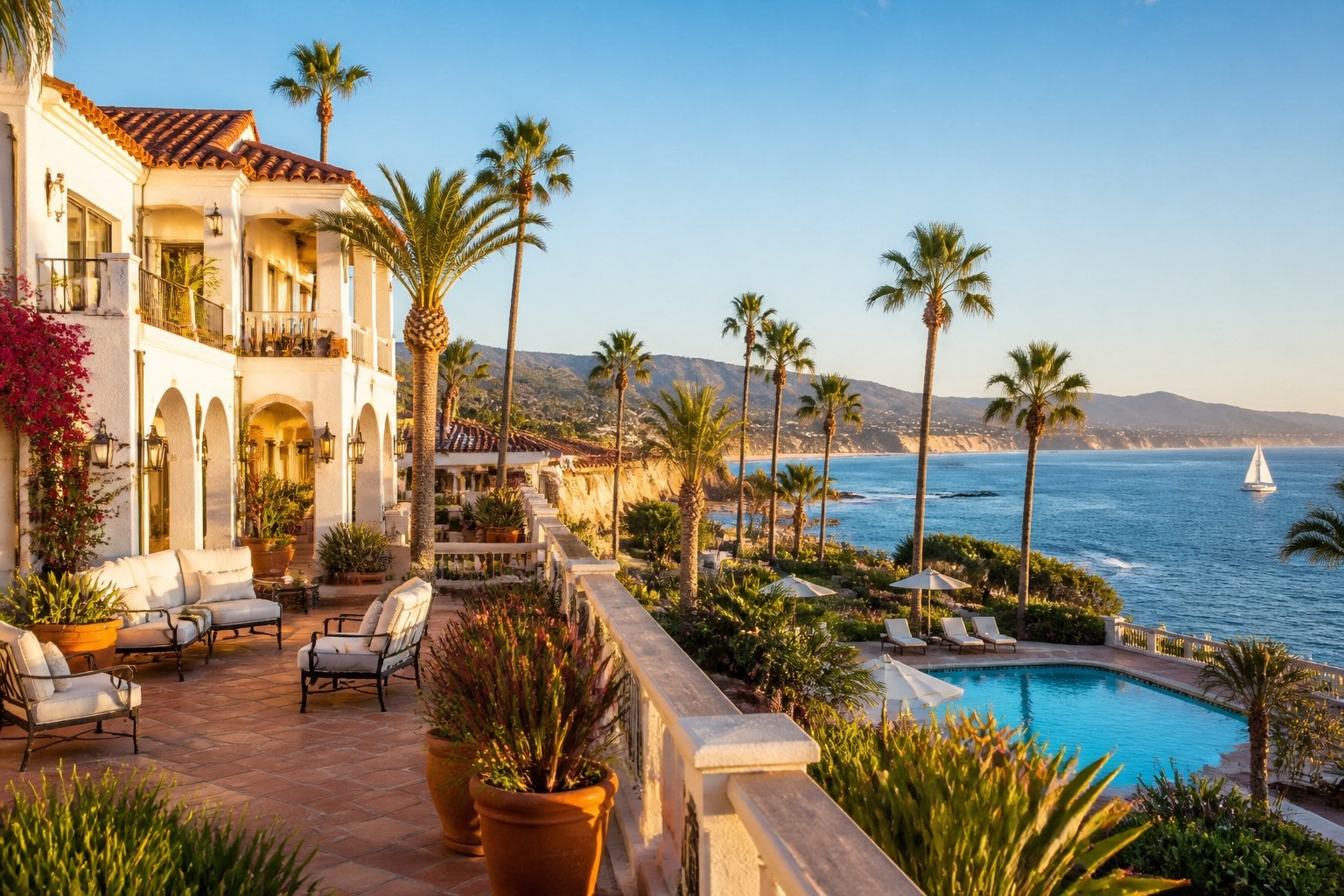 An elegant oceanfront resort with Spanish-style architecture, palm trees, and a pool overlooking the Pacific Ocean in Santa Barbara.