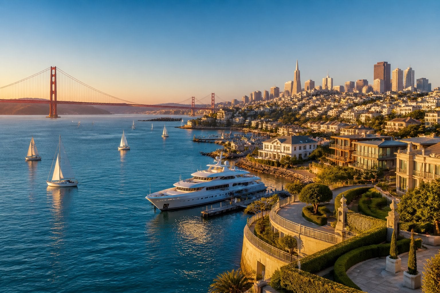 Golden Gate Bridge and San Francisco skyline viewed across the bay with sailboats and coastal hills.