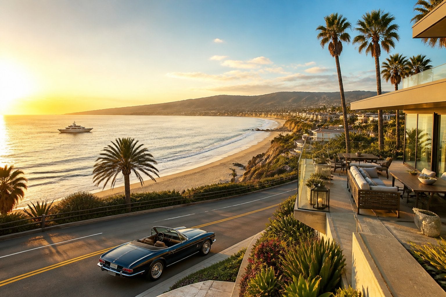 A luxury coastal scene in Los Angeles with palm trees, an upscale beachfront setting, a yacht, and the Pacific Ocean at sunset.