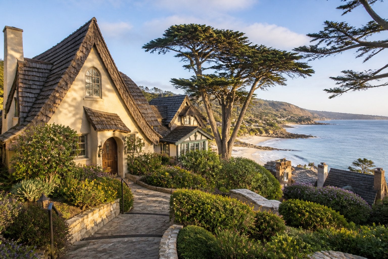 Charming Carmel-by-the-Sea cottages and gardens overlooking the California coast.