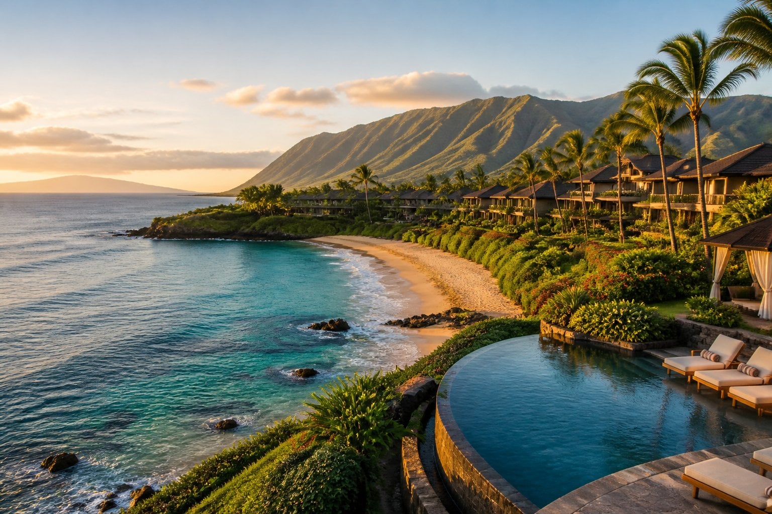 A luxurious beachfront resort overlooking a tropical Maui beach, turquoise ocean, and lush volcanic mountains.