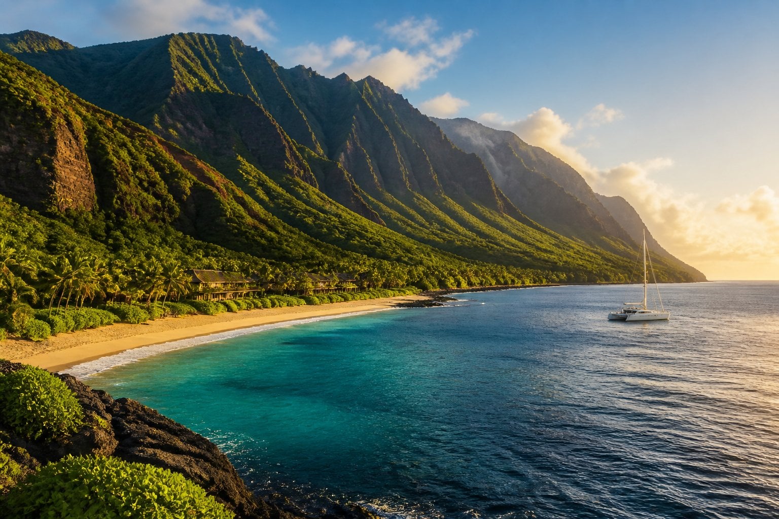 A lush Kauai coastline with emerald cliffs, a golden beach, turquoise water, and a sailboat offshore.