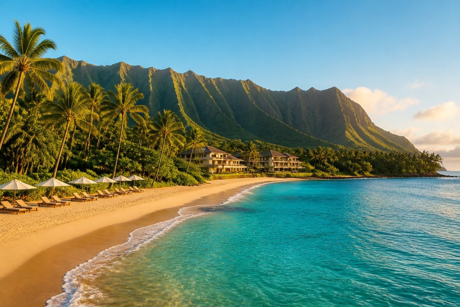 A luxurious Oahu beach with turquoise water, palm trees, a beachfront resort, and green mountains in the background.