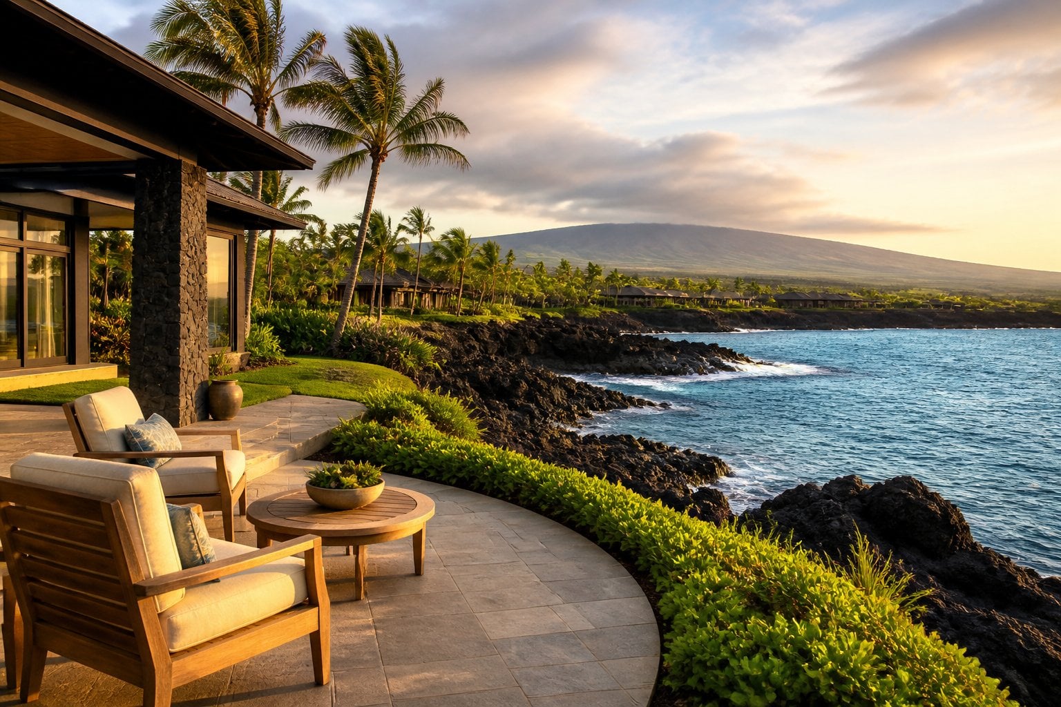 A luxury oceanfront resort overlooking black lava rocks and the Pacific Ocean on Hawaii’s Big Island.