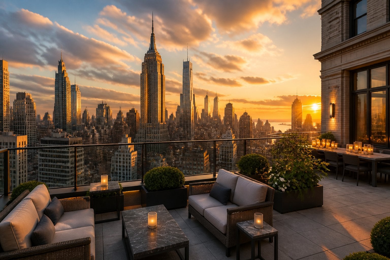 A golden-hour view of Manhattan from an elegant rooftop terrace, with the Empire State Building and city skyline in the background.