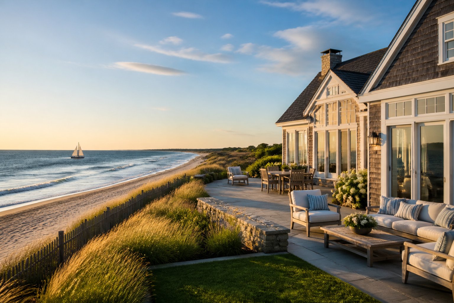 An elegant beachfront home overlooking a sandy beach and the Atlantic Ocean in the Hamptons.