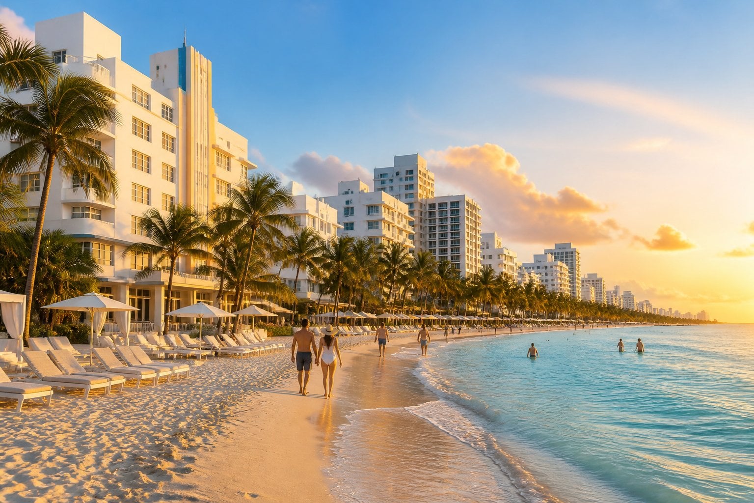 A luxurious Miami Beach shoreline with white sand, turquoise water, palm trees, and art deco hotels.