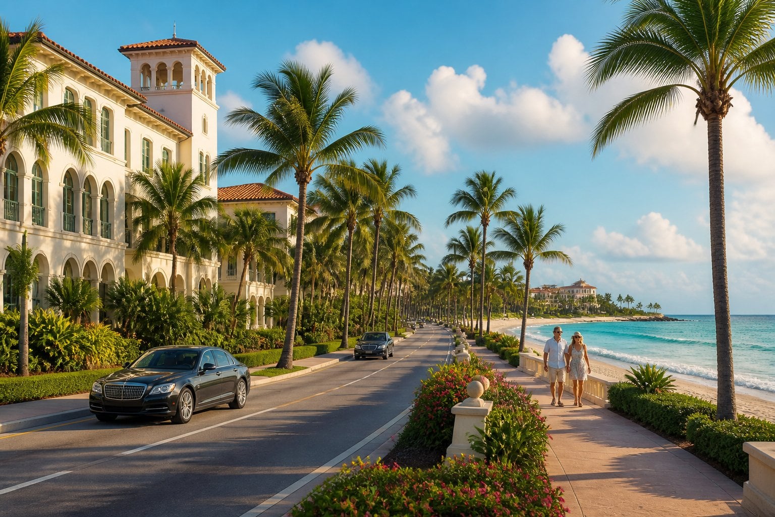 A sunny Palm Beach scene with palm trees, elegant architecture, a luxury resort, and turquoise ocean waters.
