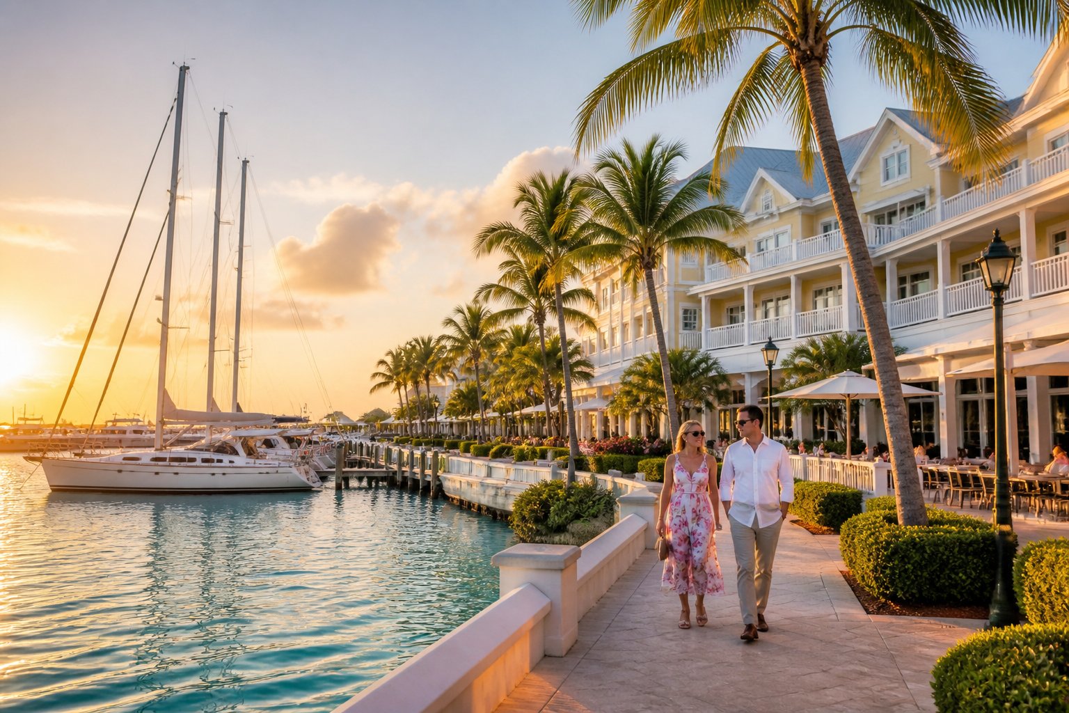 A luxury waterfront resort and marina with yachts, palm trees, and pastel buildings in Key West at sunset.