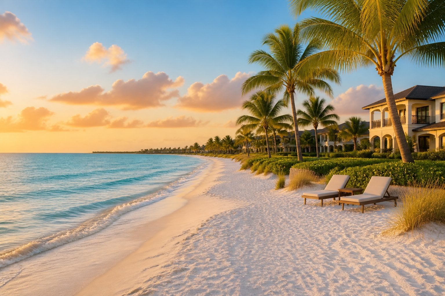 A pristine Naples beach with turquoise Gulf waters, palm trees, lounge chairs, and a luxury resort in the background.