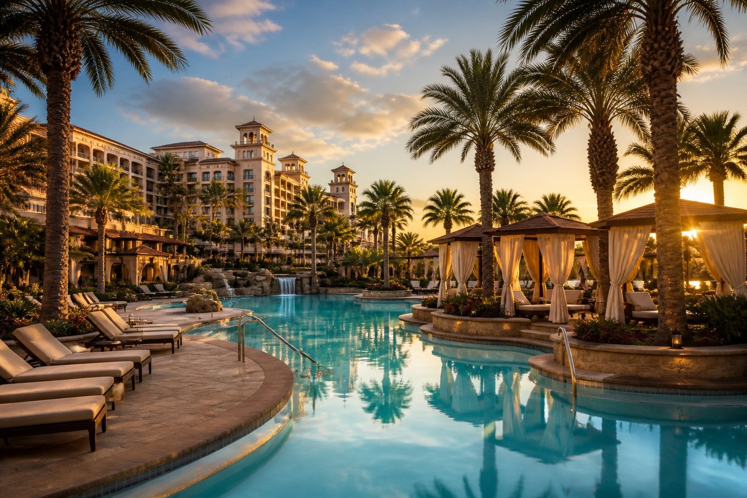 A luxurious Orlando resort pool surrounded by palm trees and landscaped gardens at sunset.