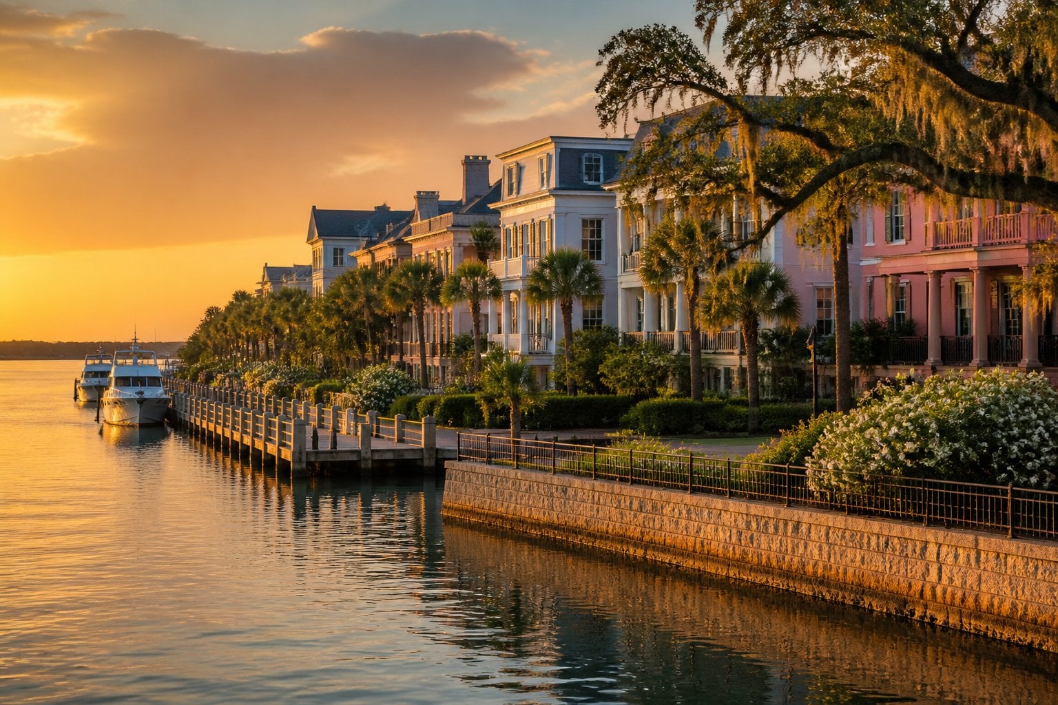 A golden-hour view of Charleston’s historic waterfront with pastel buildings, a marina, yachts, and Spanish moss-draped trees.