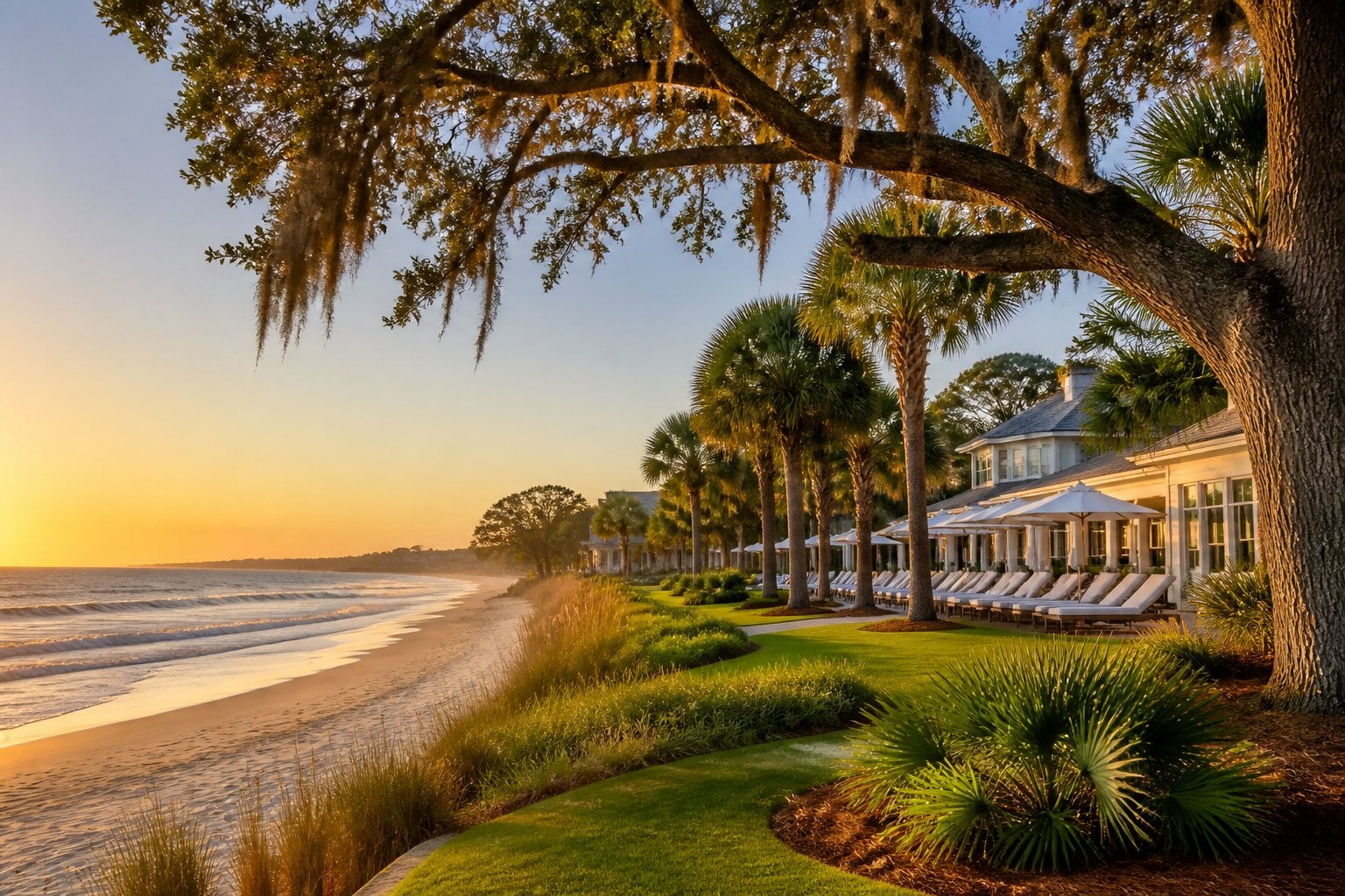 A luxurious Hilton Head Island beach with palmetto trees, Spanish moss, gentle waves, and an elegant resort in the background.