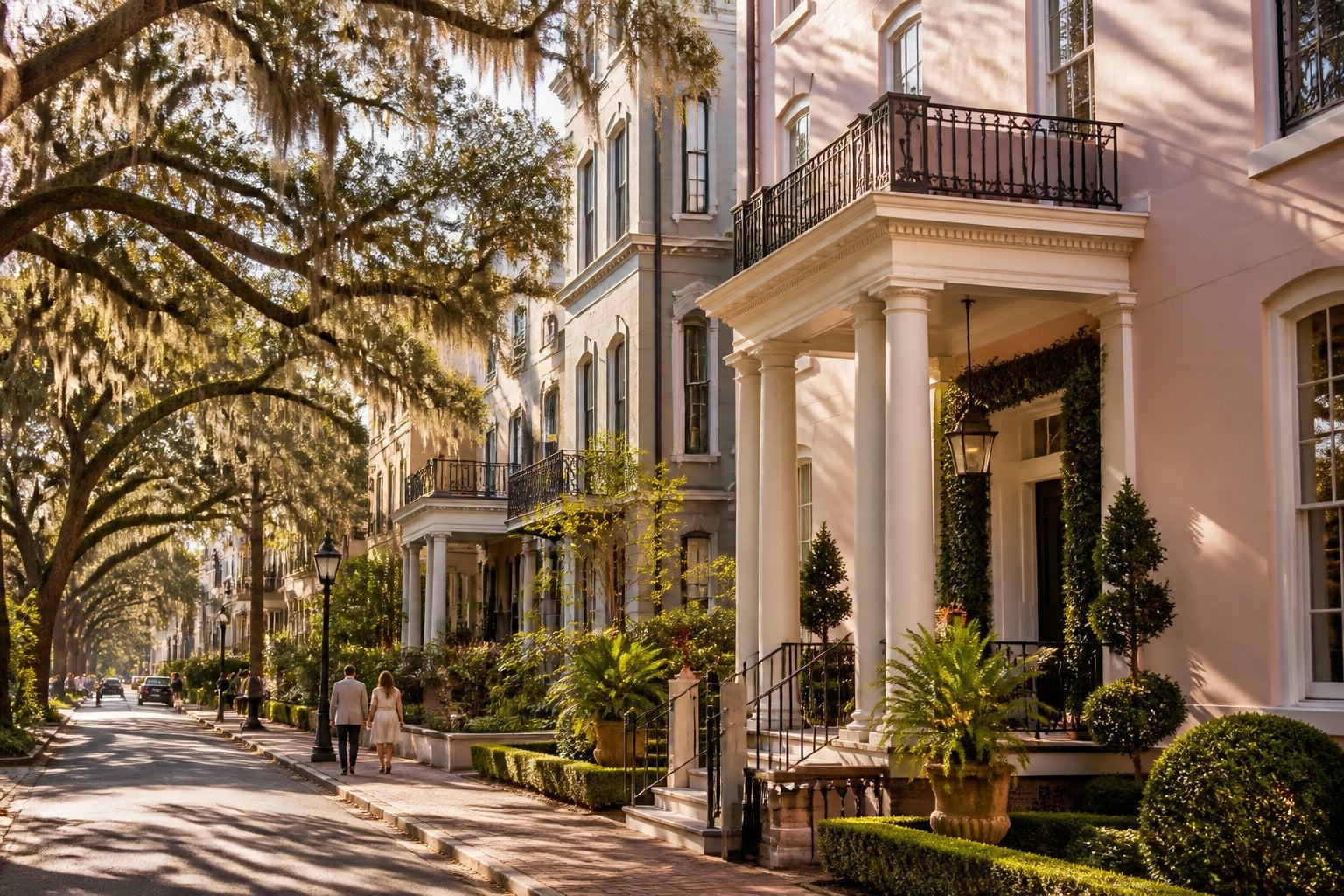 A tree-lined historic street in Savannah with elegant buildings, wrought-iron balconies, and Spanish moss.